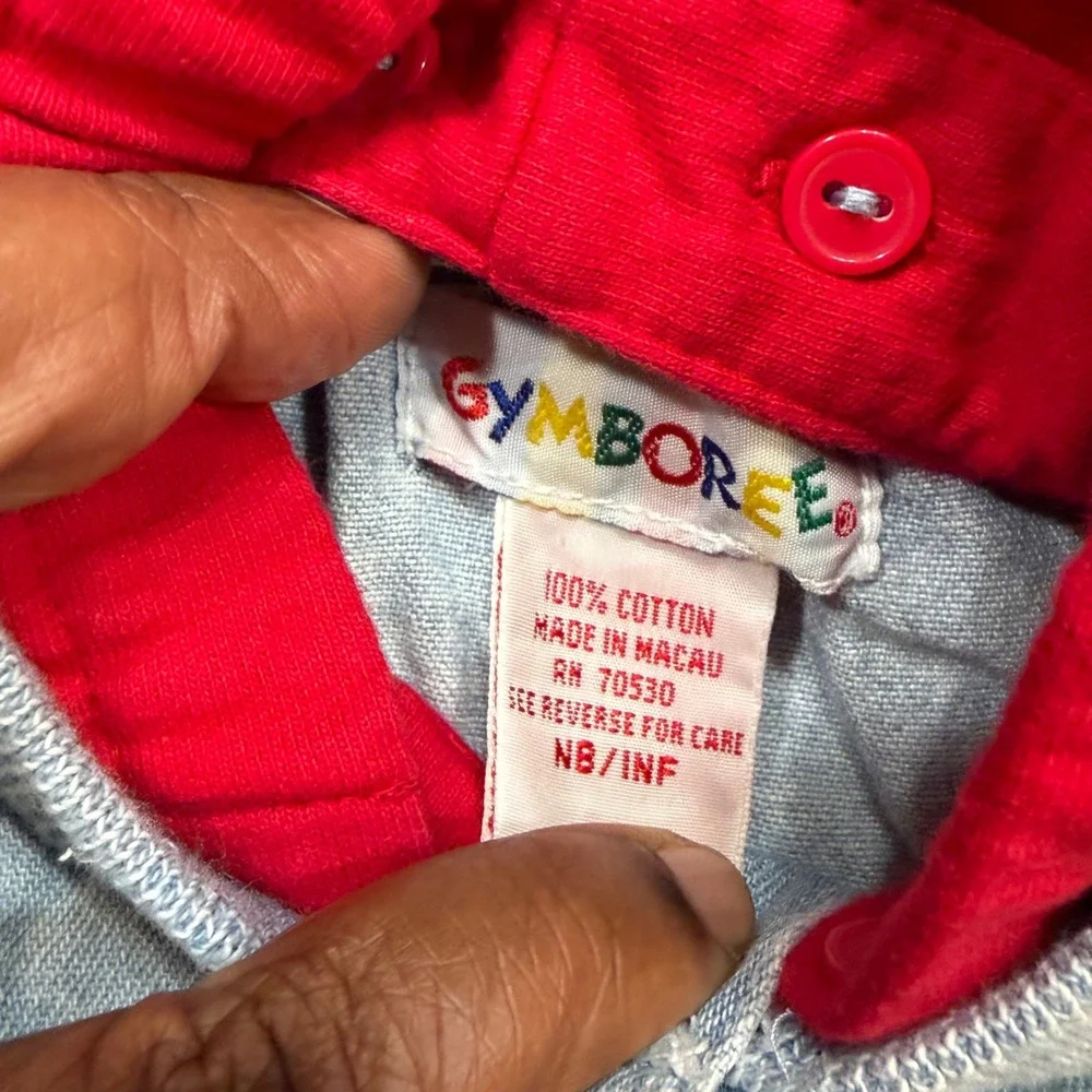Vintage Gymboree Denim Jacket Infant NB Light Wash Hooded Truck Patch Blue Red v